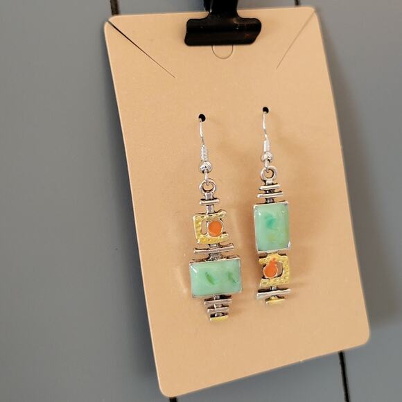 Boho Green Orange Dangle Earrings Pierced Silver Tone 1.9" Drop Jewelry Gift Bag - Picture 2 of 10